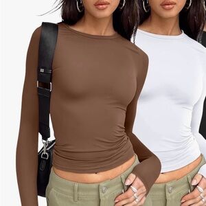 2 Long Sleeve Crew Neck Tees - White & Rust